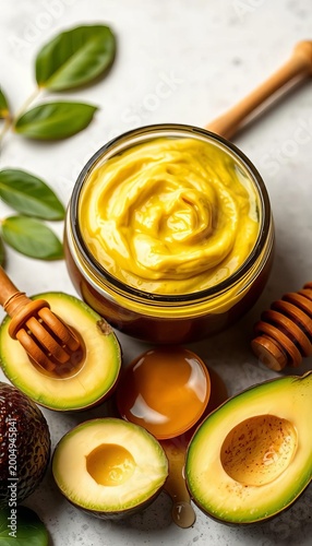 Avocado honey hair mask on a light background with natural ingredients for hair health and beauty, shiny, care
