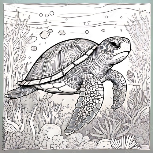 A sea turtle swims near coral reef