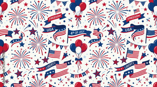 Dynamic patriotic celebration seamless vector background with festive fireworks, stars, stripes, and balloons in traditional national colors for holidays and events
