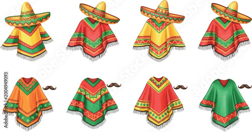 Photography Mexican Poncho and Sombrero Set with Moustaches for Cultural and Festive Designs