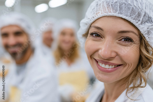 Smiling woman in hairnet smiles warmly at camera. Team behind her wears white uniforms and hairnets. Factory setting shows clean, professional, modern environment. Happy faces imply teamwork, hygiene