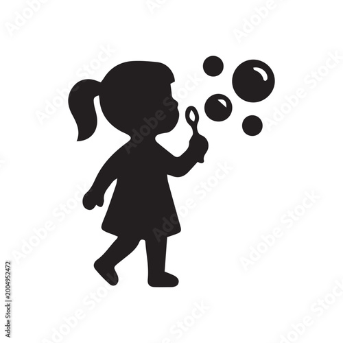 Little girl blowing soap bubbles icon on white background