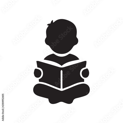 Child sitting and reading a book icon on white background