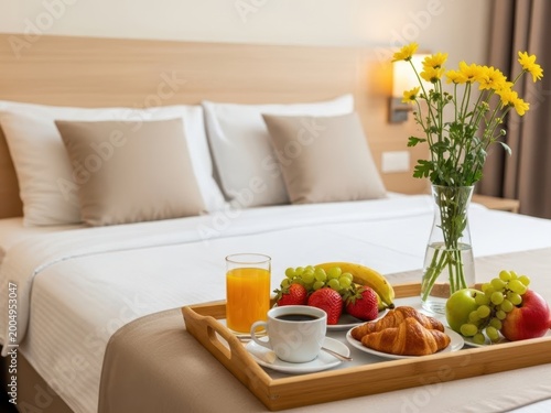 Delicious breakfast served in bed with fresh fruits and coffee in a luxurious hotel room