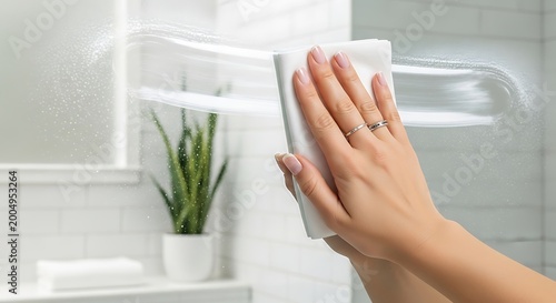 Close up of hand wiping mirror with white cloth in clean bathroom
