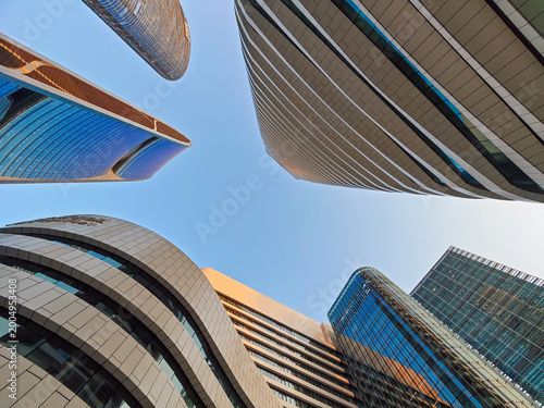 Upward viewing perspective of urban building