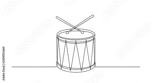 Fotografie Minimalist Line Art Drum and Drumsticks Isolated on White Background