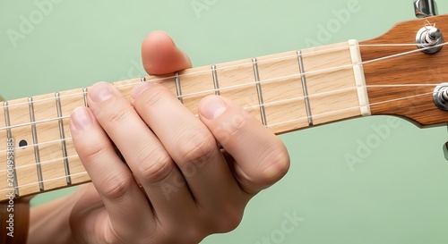 Close-up of Hand Playing a Wooden Ukulele Against a Green Background