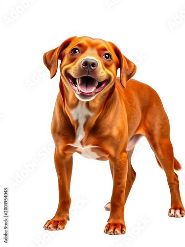 Fun-loving red dog standing with spots on white background, colorful, fun