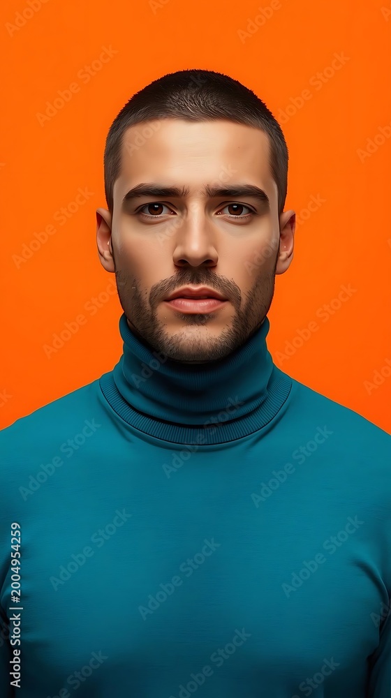 Obraz premium man in teal turtleneck sweater on orange background