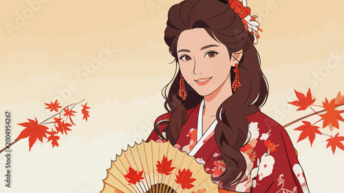 Elegant kimono woman holding maple themed folding fan
