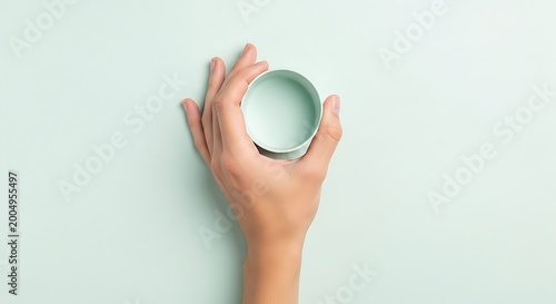 Hand holding a small mint green bowl on a matching pastel background