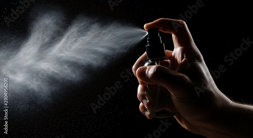 Hand spraying a fine mist from a bottle against a black background