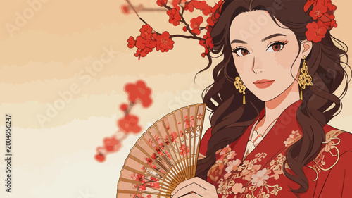 Elegant Chinese style woman with red plum blossoms and folding fan