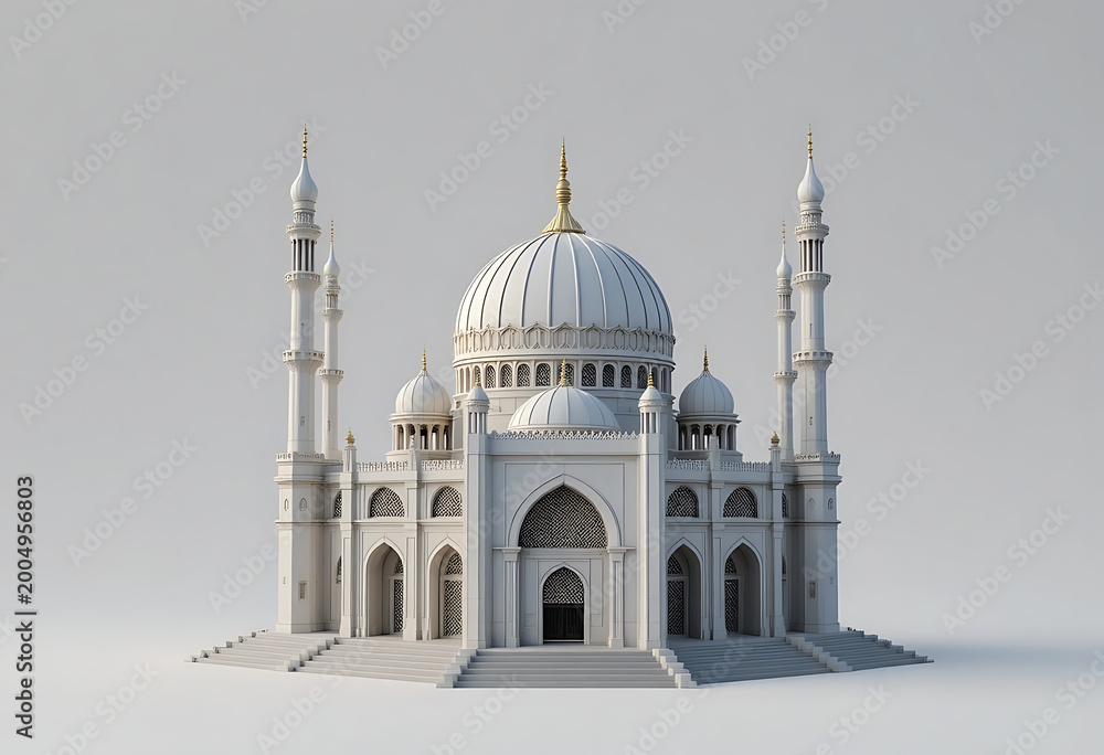 Naklejka premium Blue and white mosque with three domes and minarets, islamic architecture