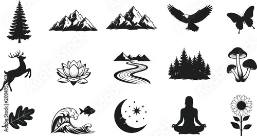 Black silhouettes of nature and meditation including animals, plants, and landscapes nature meditation symbols
