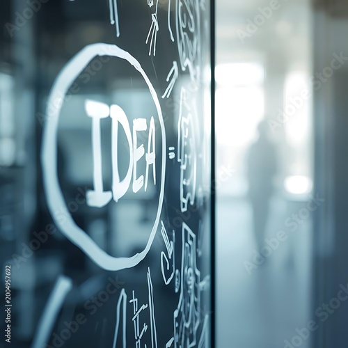 creative idea written on glass board with chalk in modern office lighting