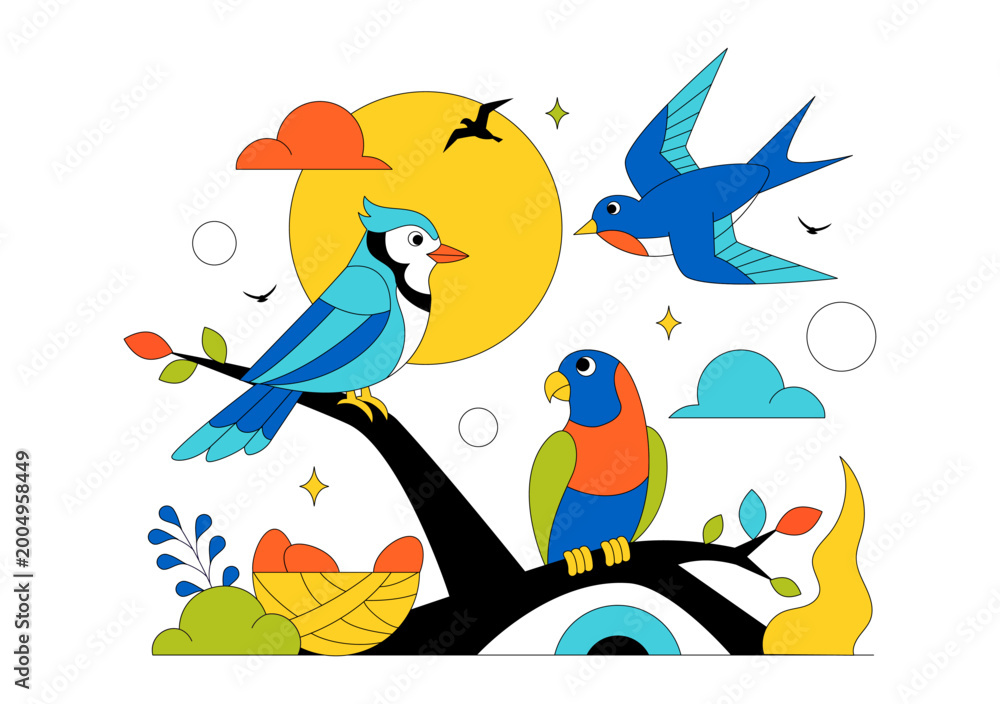 Fototapeta premium Colorful Tropical Bird Vector Illustration Featuring Exotic Wildlife Perched on Branches in a Natural Scene with Flat Design Style