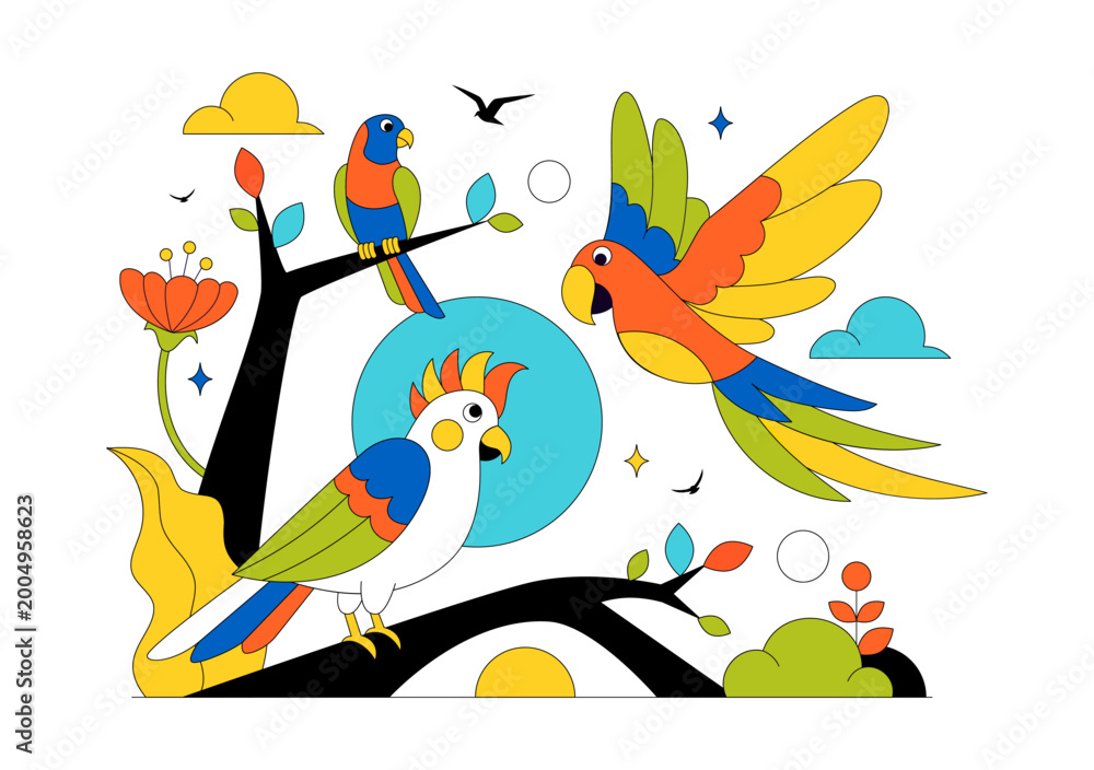 Fototapeta premium Colorful Tropical Bird Vector Illustration Featuring Exotic Wildlife Perched on Branches in a Natural Scene with Flat Design Style