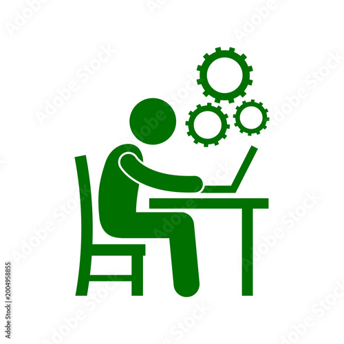 Person working on laptop at desk with gears, isolated on transparent background