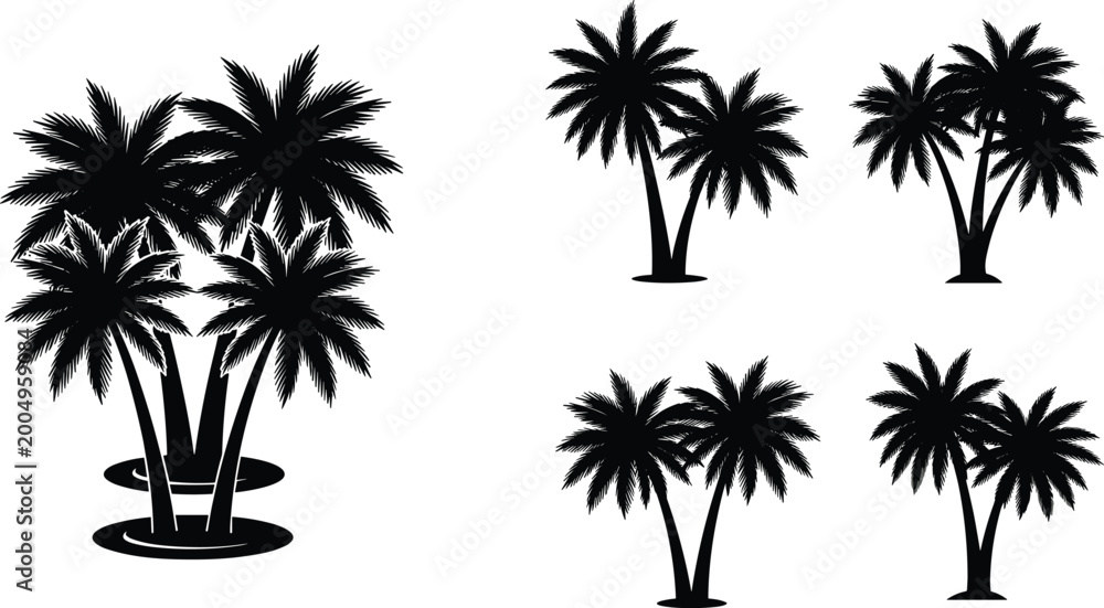 Fototapeta premium Set of 6 Palm Tree Icon Illustrations for Nature, Beach, and Digital Media Projects
