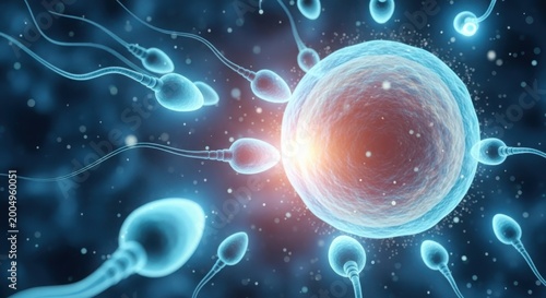 Illuminated ovum surrounded by sperm cells in space