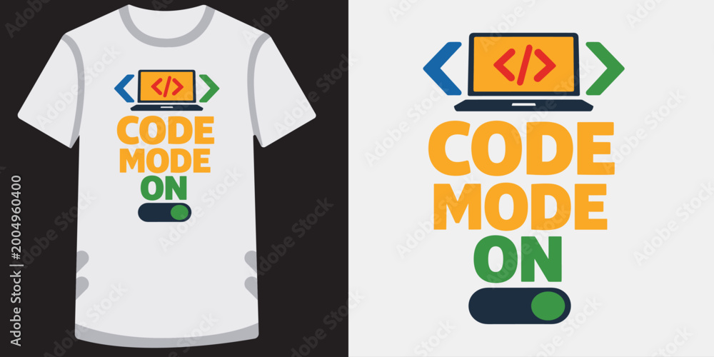 Foto Code mode on tshirt print design with laptop icon and programming tag syntax graphics