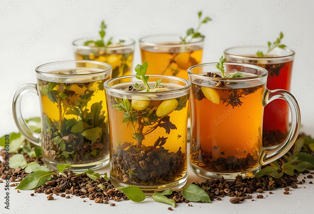 Fototapeta premium Assorted herbal teas in glass jars with fresh mint and dried ingredients on wooden surface fresh mint leaves