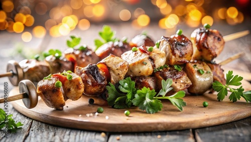 A photo of a perfectly grilled shish kebab with fresh mushrooms atop, set against a stark white background