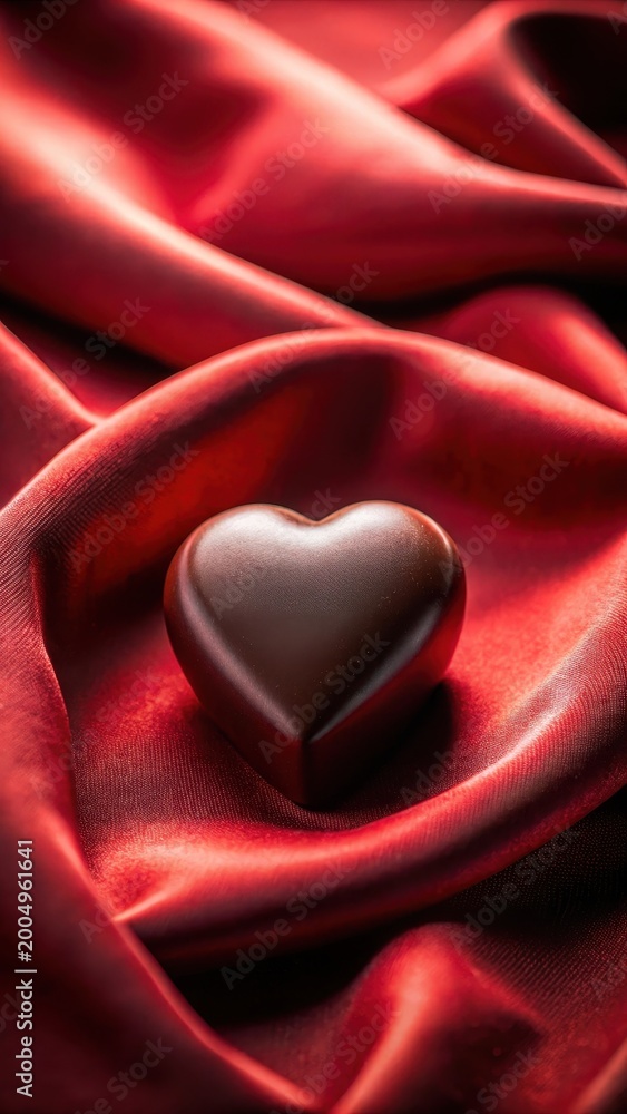 Fototapeta premium A photo of a heartshaped chocolate on a velvet red cloth with romantic music playing in the background