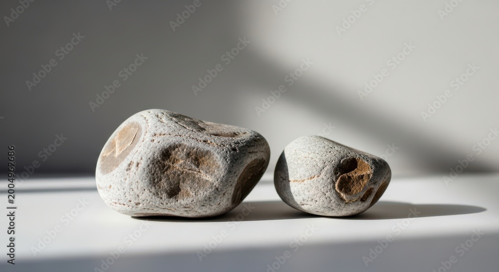 Obraz premium Two natural river stones with unique textures and brown markings placed on a clean white surface