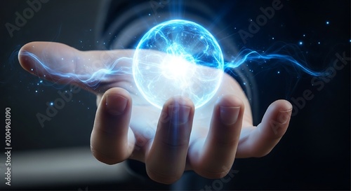 A human hand supports a glowing spherical energy orb with swirling electric currents and blue light filaments against a dark blurred background.
