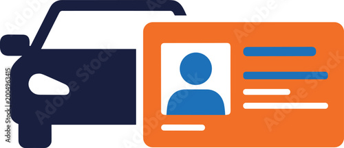 Driving license symbol beside dark blue car silhouette on gray checkered background vector illustration.