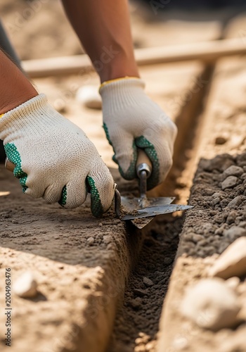 Worker in gloves digging a narrow trench with a small trowel in dry soil