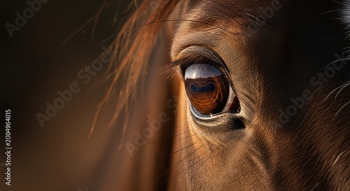 close-up of horse eye with emotional expression in warm natural lighting