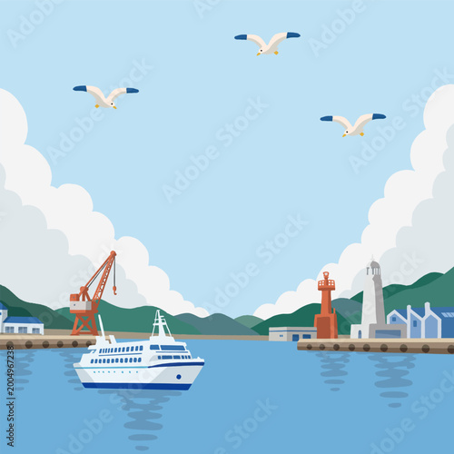 A vector illustration banner depicting a Japanese summer harbor scene with a lighthouse and a ferry.