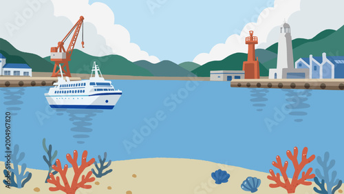 A vector illustration banner depicting a Japanese summer harbor scene with a lighthouse and a ferry.