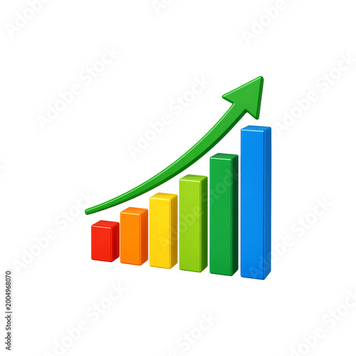 Colorful bar chart with upward arrow business growth progress concept isolated clean 3D graph object for finance and analytics design