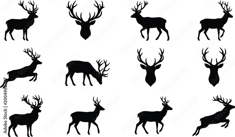 Fototapeta premium Collection of black silhouette deer illustrations in various poses