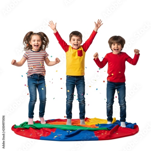 Three happy kids jumping on colorful bounce mat isolated on white background