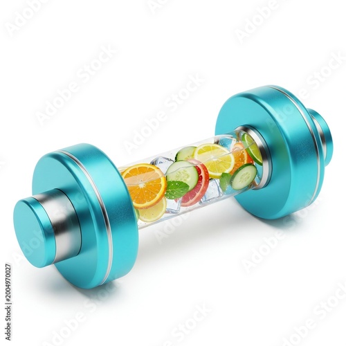 Adjustable dumbbell with color weights on bar isolated on white background