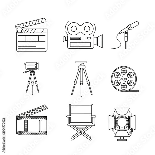 Film production equipment icons set on white background vector illustration