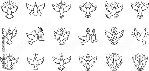 Cuadro en lienzo Religious Dove Icons Set, Holy Spirit Symbol, Line Art Vector Collection