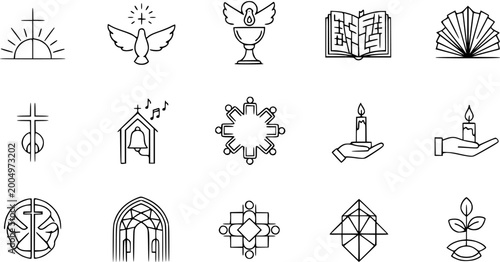 Принти на полотні Black and White Line Art Icons of Christian Symbols: Cross, Dove, Bible, Candle,
