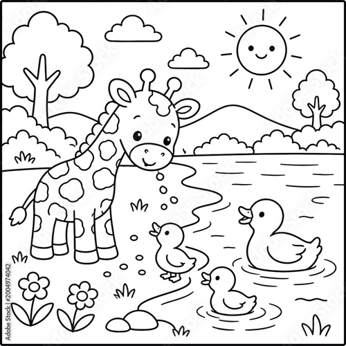 Quadro su tela Bold and Easy Giraffe Coloring Page - Cozy Moment Cute Kawaii Wild Animal Minima
