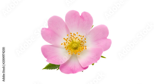 A beautiful pink flower with yellow center and green leaves on transparent background