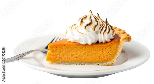 A slice of pumpkin pie with whipped cream on a plate indoors