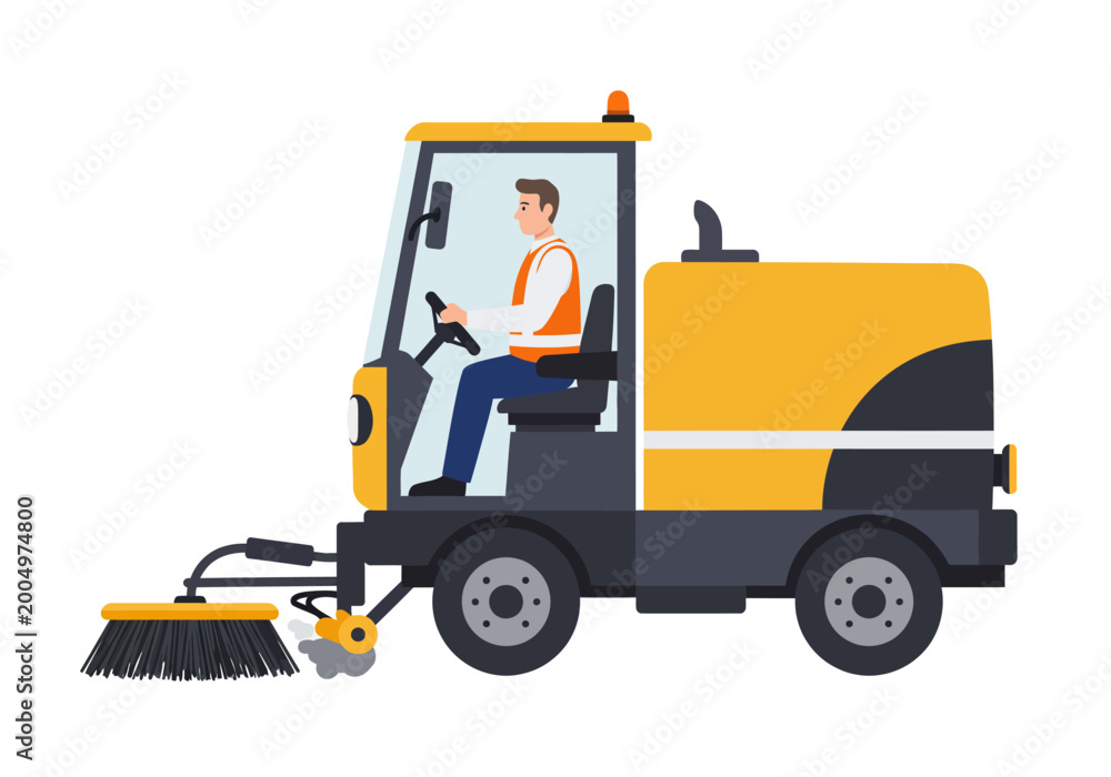 Naklejka premium A cleaning vehicle with rotating brushes and a driver, designed for street sweeping and public area maintenance