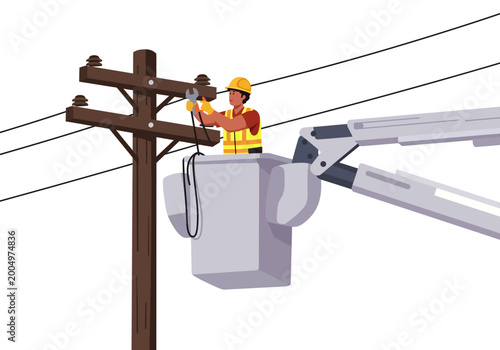 Lineman working on utility pole from a bucket truck, performing electrical maintenance and repairs