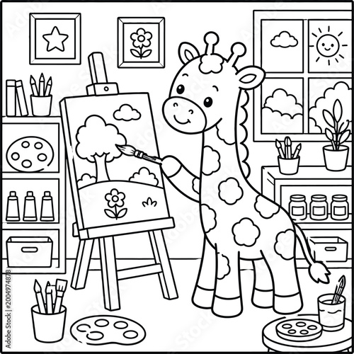 Photography Bold and Easy Giraffe Coloring Page - Cozy Moment Cute Kawaii Wild Animal Minima